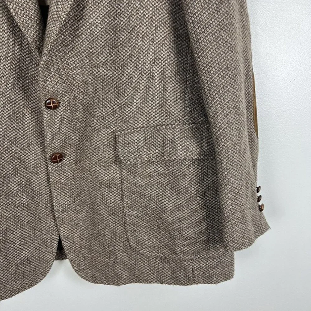 VTG Tweed Sport Coat‎ Mens 44R Brown Barleycorn Wool Blazer Elbow Patches USA